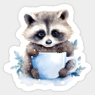 Blue eyes raccoon with a cup of coffee watercolor Sticker